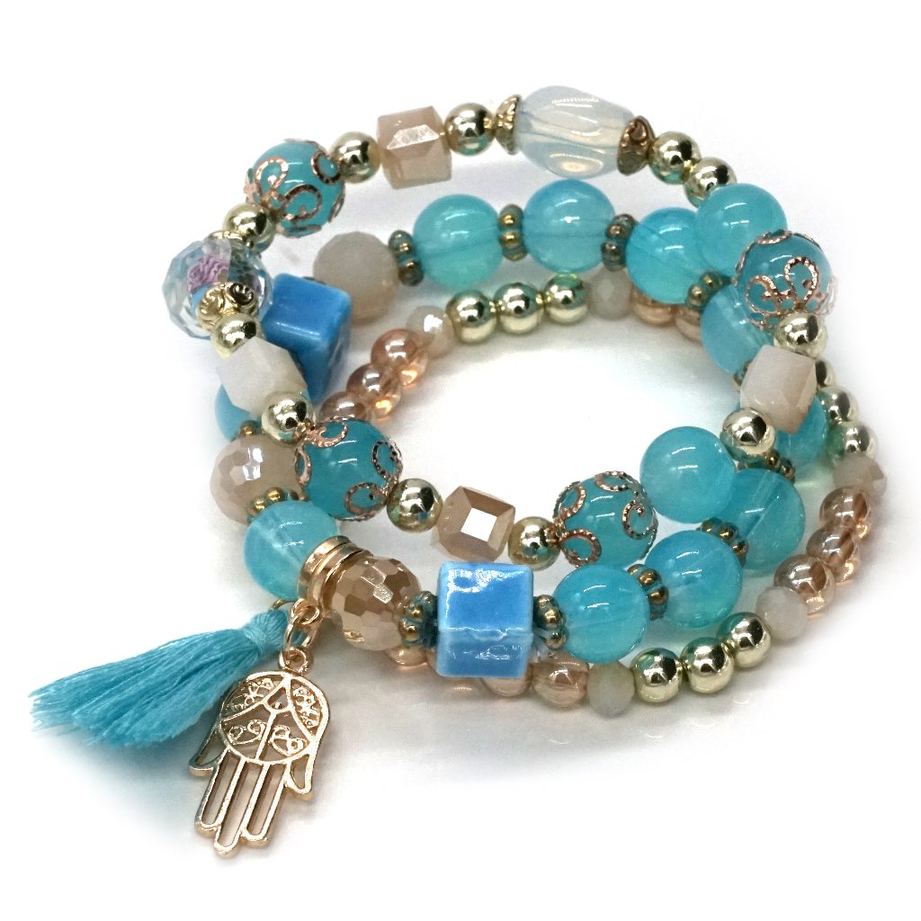 Bracelet Turquoise Gold Mixed Color Beads Hamsa Hand Charm Tassel Bead Caps Os 18$